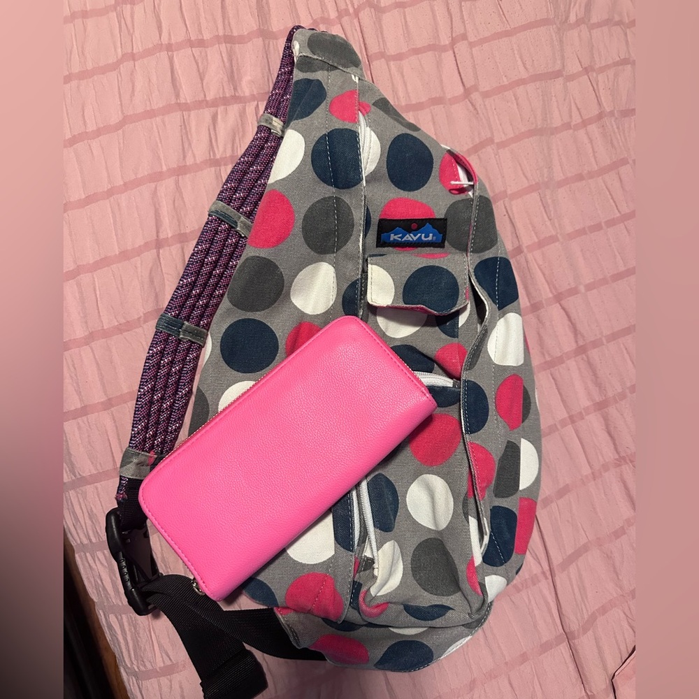 KAVU Women's Gray Polka Dot Bag Pink and Green Accents with Pink Wallet.